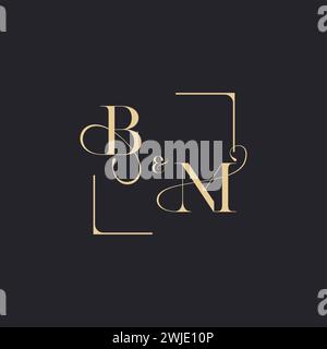 BM simple concept of wedding outline logo and square of initial design gold in white background Stock Vector