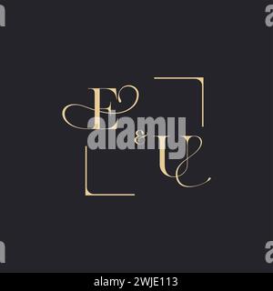 EU simple concept of wedding outline logo and square of initial design gold in white background Stock Vector