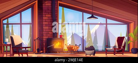 Wooden chalet interior with fireplace. Vector cartoon illustration of cat sleeping in warm living room, vintage armchairs near fire, book on table, winter mountain and fir tree forest view in window Stock Vector
