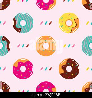 Seamless pattern of donuts with multicolored glaze. Sweet donuts vector illustration Stock Vector
