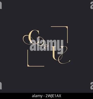 CU simple concept of wedding outline logo and square of initial design gold in white background Stock Vector