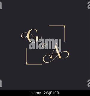 GA simple concept of wedding outline logo and square of initial design gold in white background Stock Vector