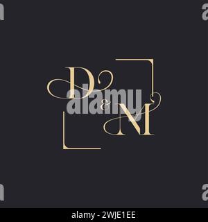 DM simple concept of wedding outline logo and square of initial design gold in white background Stock Vector