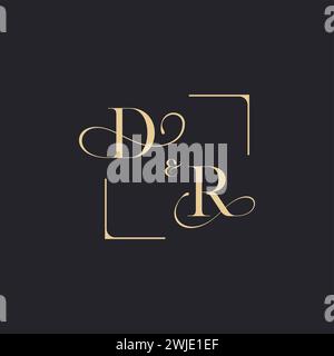 DR simple concept of wedding outline logo and square of initial design gold in white background Stock Vector