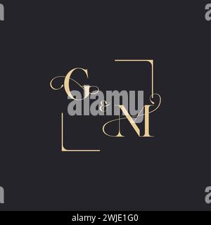 GM simple concept of wedding outline logo and square of initial design gold in white background Stock Vector