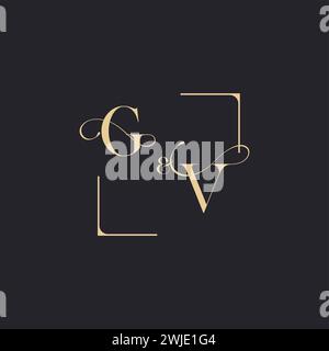 GV simple concept of wedding outline logo and square of initial design gold in white background Stock Vector