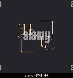 HU simple concept of wedding outline logo and square of initial design gold in white background Stock Vector
