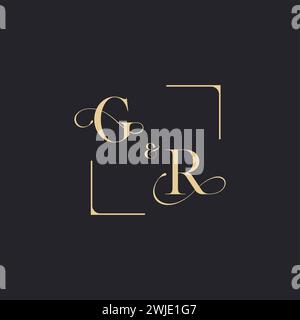 GR simple concept of wedding outline logo and square of initial design gold in white background Stock Vector