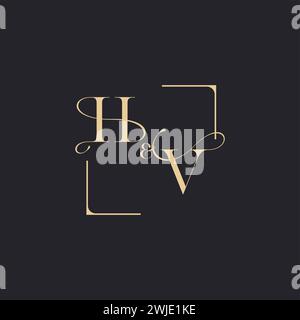 HV simple concept of wedding outline logo and square of initial design gold in white background Stock Vector