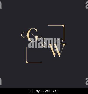 GW simple concept of wedding outline logo and square of initial design gold in white background Stock Vector