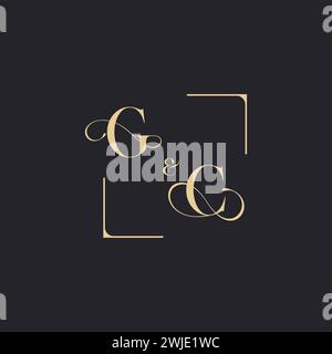 GC simple concept of wedding outline logo and square of initial design gold in white background Stock Vector