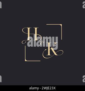 HK simple concept of wedding outline logo and square of initial design gold in white background Stock Vector