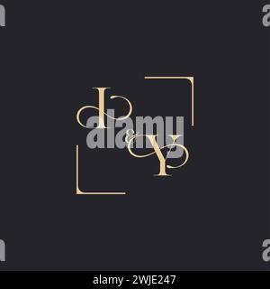IY simple concept of wedding outline logo and square of initial design gold in white background Stock Vector