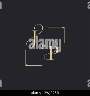 JP simple concept of wedding outline logo and square of initial design gold in white background Stock Vector