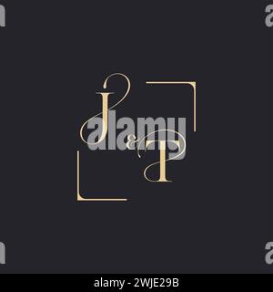 JT simple concept of wedding outline logo and square of initial design gold in white background Stock Vector