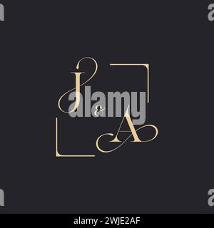JA simple concept of wedding outline logo and square of initial design gold in white background Stock Vector