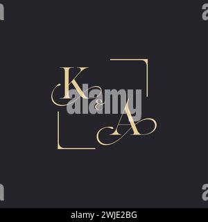 KA simple concept of wedding outline logo and square of initial design gold in white background Stock Vector