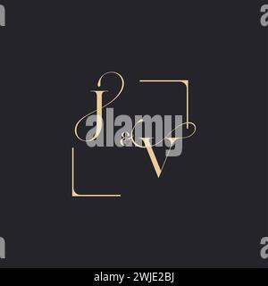 JV simple concept of wedding outline logo and square of initial design gold in white background Stock Vector