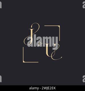 JU simple concept of wedding outline logo and square of initial design gold in white background Stock Vector