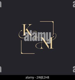 KM simple concept of wedding outline logo and square of initial design gold in white background Stock Vector