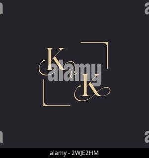 KK simple concept of wedding outline logo and square of initial design gold in white background Stock Vector