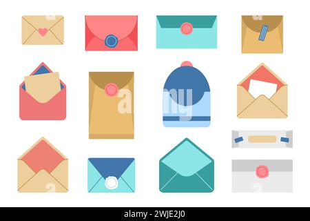 Romantic letters post collection. Flat design. Hand drawn Envelops set. Various envelopes, letters, postcards, parcels. Vector illustration Stock Vector