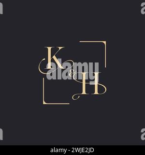 KH simple concept of wedding outline logo and square of initial design gold in white background Stock Vector