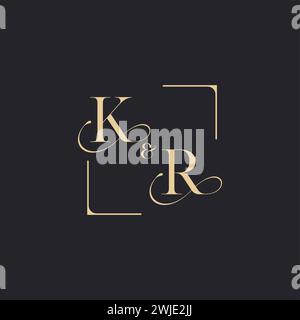 KR simple concept of wedding outline logo and square of initial design gold in white background Stock Vector