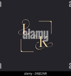 LK simple concept of wedding outline logo and square of initial design gold in white background Stock Vector