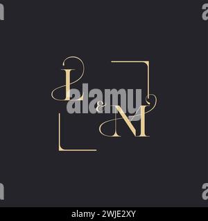 LM simple concept of wedding outline logo and square of initial design gold in white background Stock Vector