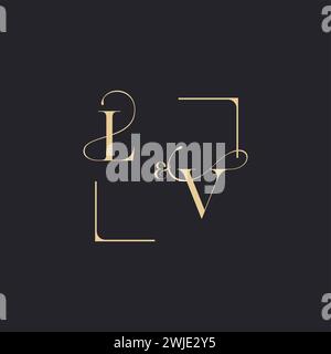 LV simple concept of wedding outline logo and square of initial design gold in white background Stock Vector