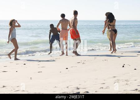 Diverse group of friends enjoy a sunny day at the beach Stock Photo