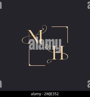 MH simple concept of wedding outline logo and square of initial design gold in white background Stock Vector