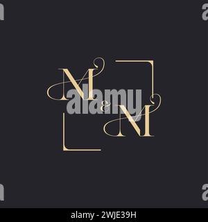 MM simple concept of wedding outline logo and square of initial design gold in white background Stock Vector