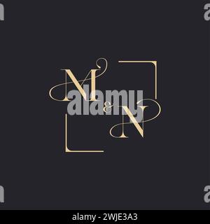 MN simple concept of wedding outline logo and square of initial design gold in white background Stock Vector