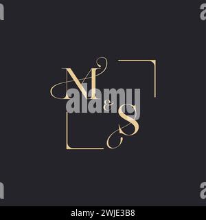 MS simple concept of wedding outline logo and square of initial design gold in white background Stock Vector