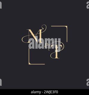 MT simple concept of wedding outline logo and square of initial design gold in white background Stock Vector