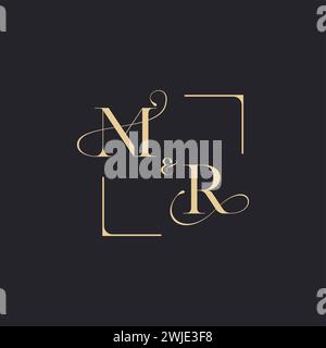 MR simple concept of wedding outline logo and square of initial design gold in white background Stock Vector