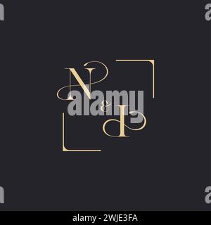 NI simple concept of wedding outline logo and square of initial design gold in white background Stock Vector
