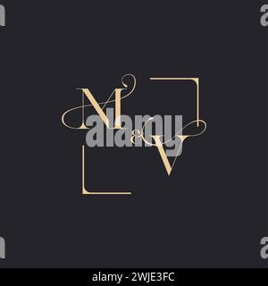 MV simple concept of wedding outline logo and square of initial design gold in white background Stock Vector