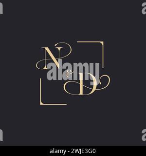 ND simple concept of wedding outline logo and square of initial design gold in white background Stock Vector