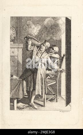 The skeleton of Death assisting a man with a flintlock pistol to commit suicide. 18th century man in a room with chest of drawers and clock, inkwell and quill pen on his desk. Desperation. Der Berzweiflungsvolle. Signature in mirror writing. Copperplate engraving by drawn and engraved by Johann Rudolf Schellenberg from Johan Karl Musaus’s Freund Heins Erscheinungen in Holbeins Manier, (Apparitions of Death in the manner of Holbein), Heinrich Steiner, Winterthur, 1785. Stock Photo