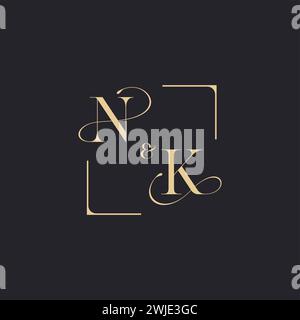 NK simple concept of wedding outline logo and square of initial design gold in white background Stock Vector
