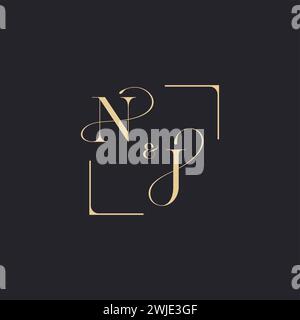 NJ simple concept of wedding outline logo and square of initial design gold in white background Stock Vector
