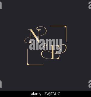 NE simple concept of wedding outline logo and square of initial design gold in white background Stock Vector