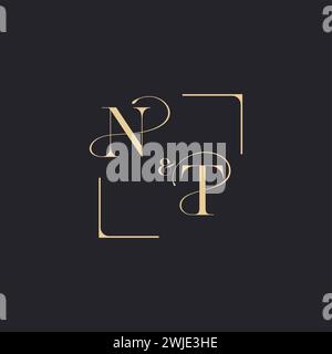 NT simple concept of wedding outline logo and square of initial design gold in white background Stock Vector