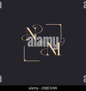 NM simple concept of wedding outline logo and square of initial design gold in white background Stock Vector