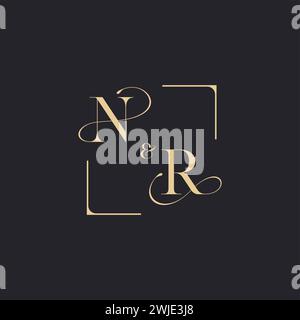 NR simple concept of wedding outline logo and square of initial design gold in white background Stock Vector