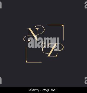 NZ simple concept of wedding outline logo and square of initial design gold in white background Stock Vector