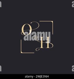 OH simple concept of wedding outline logo and square of initial design gold in white background Stock Vector